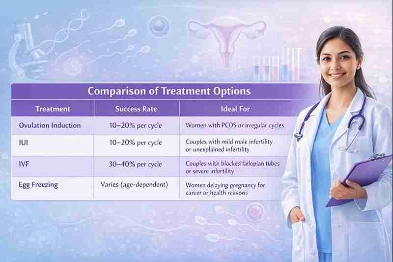 Comparison table showing fertility treatment options: Ovulation Induction, IUI, IVF, and Egg Freezing with success rates.