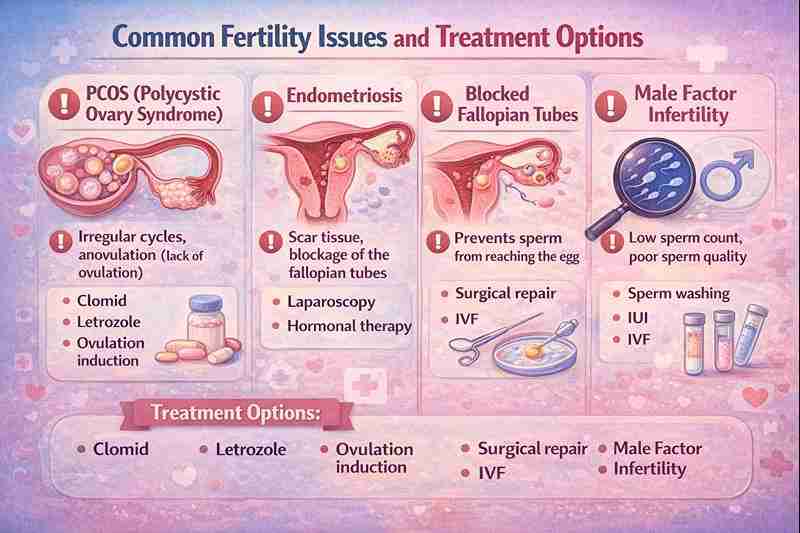 Diagram highlighting common fertility issues like PCOS, endometriosis, and male factor infertility with treatment options.