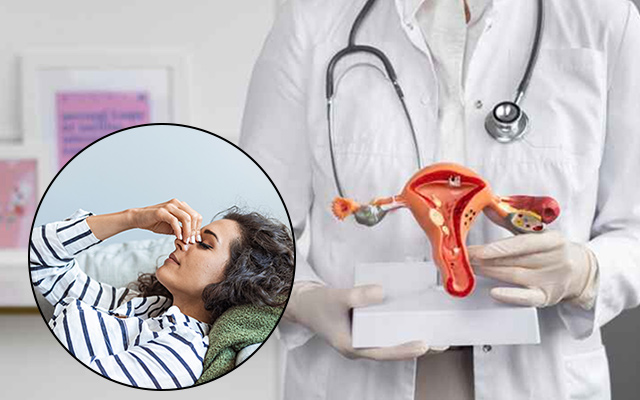 Doctor holding uterus model with patient experiencing fatigue highlighting anaemia and gynecological health issues