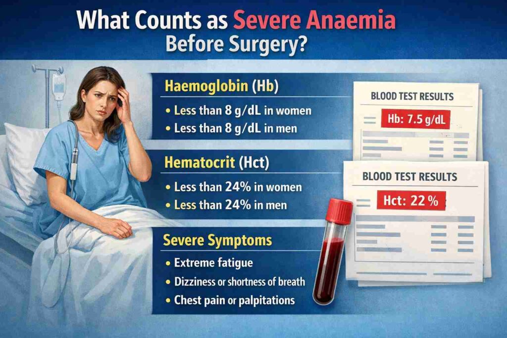 Severe anaemia before surgery showing low haemoglobin and hematocrit levels with symptoms like fatigue and dizziness