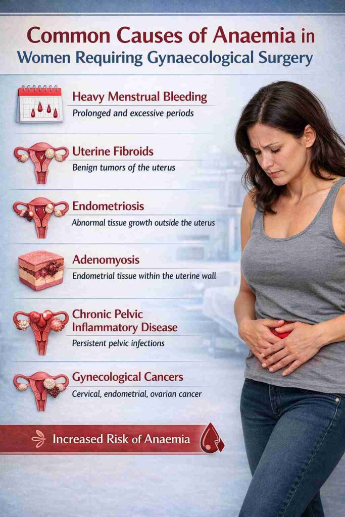 Common causes of anaemia in women including heavy menstrual bleeding fibroids endometriosis and gynecological cancers