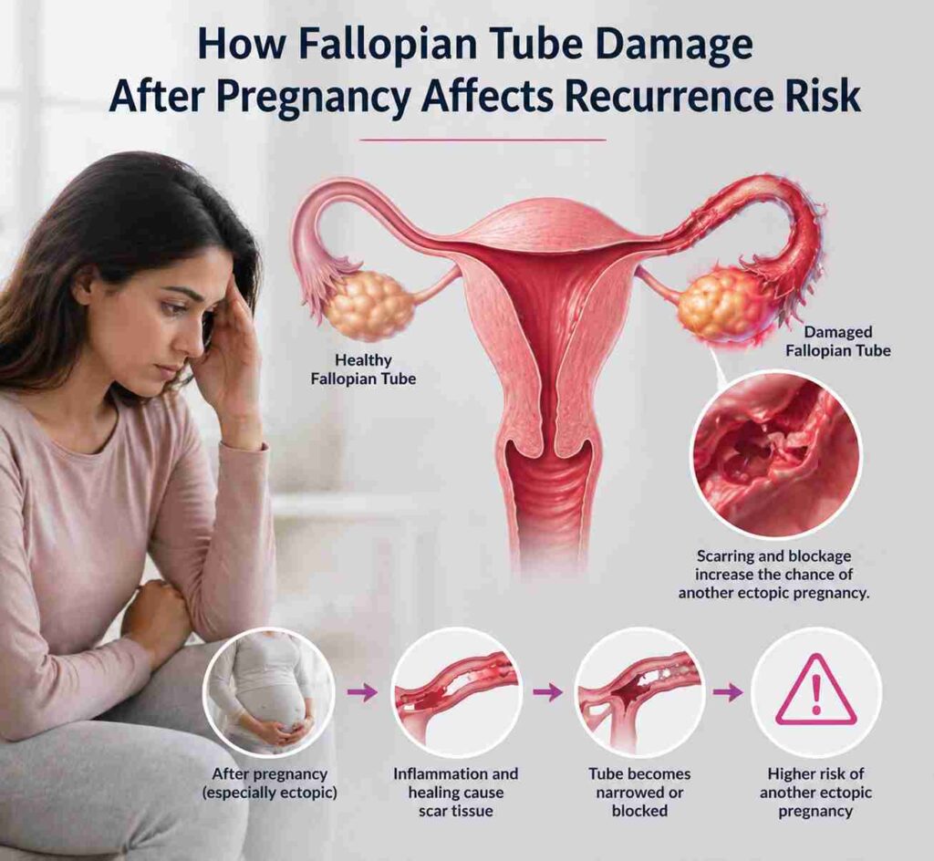 Infographic explaining how fallopian tube damage, scarring, and blockage after ectopic pregnancy can increase the risk of another ectopic pregnancy.