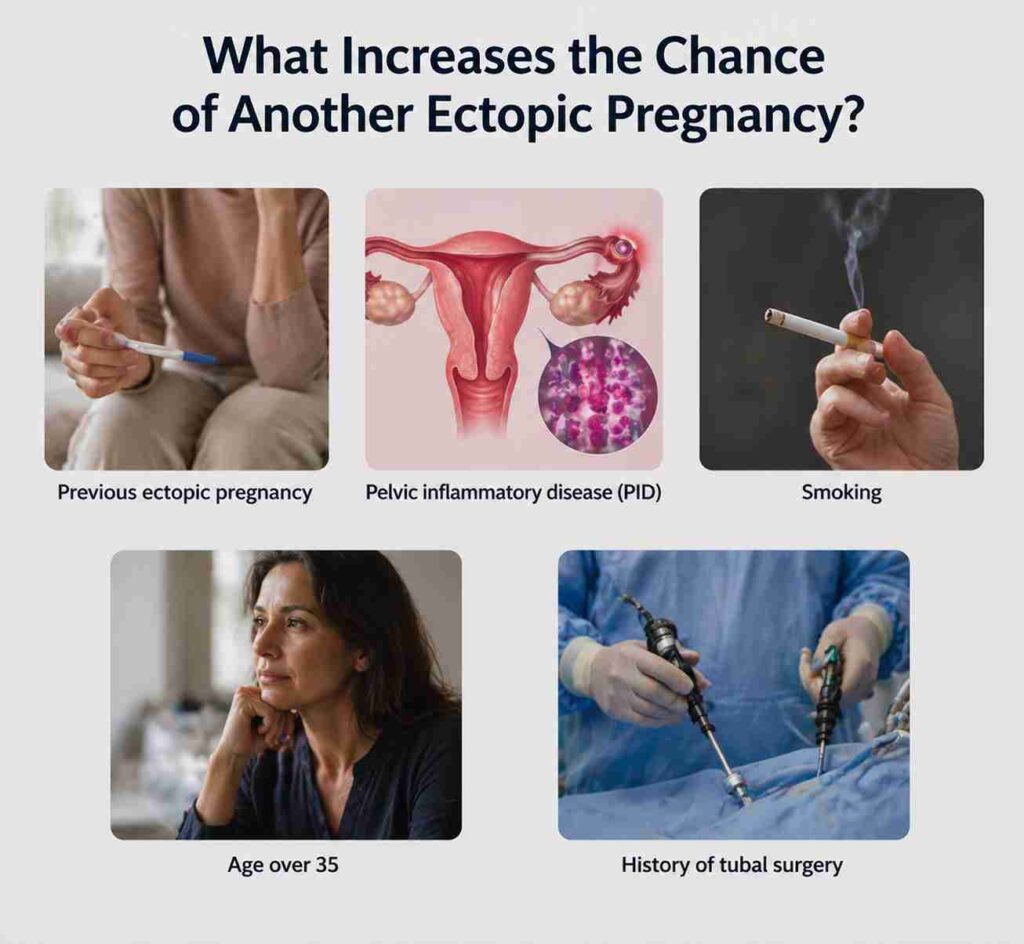 Infographic showing risk factors for recurrent ectopic pregnancy, including previous ectopic pregnancy, PID, smoking, age over 35, and tubal surgery.