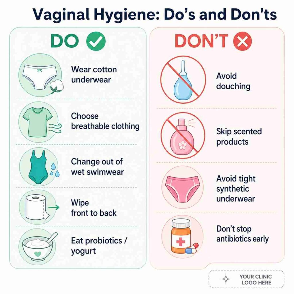 Vaginal hygiene do's and don'ts infographic comparing healthy hygiene practices and habits to avoid, featuring icons for cotton underwear, breathable clothing, probiotics, avoiding douching, scented products, tight synthetic underwear, and stopping antibiotics early.