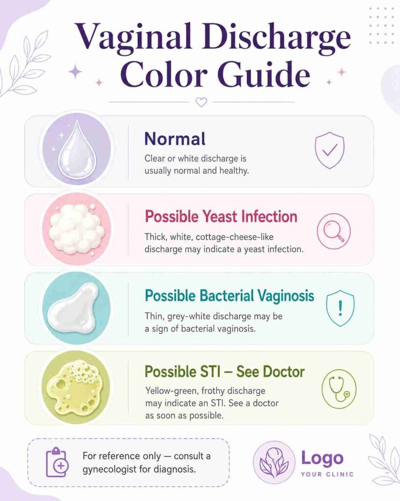 Vaginal discharge color guide infographic showing four color-coded discharge examples with labels for normal discharge, possible yeast infection, possible bacterial vaginosis, and possible STI warning signs, along with a note advising consultation with a gynecologist.