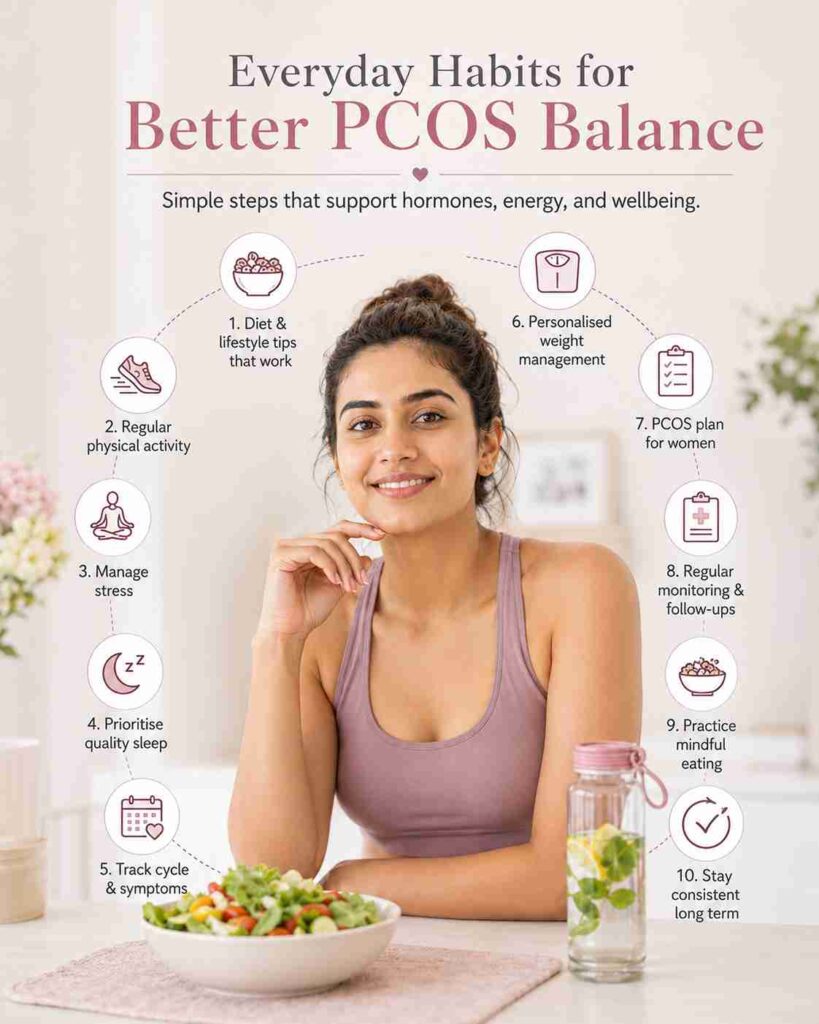Infographic showing everyday habits for better PCOS balance, including PCOS diet tips, regular physical activity, stress management, quality sleep, cycle tracking, weight management, mindful eating, and regular gynecology follow-ups.