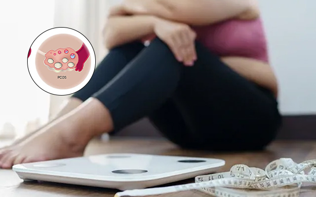 Woman sitting near a weighing scale and measuring tape, representing PCOS symptoms such as weight gain, hormonal imbalance, irregular periods, and the importance of lifestyle management for better PCOS control.