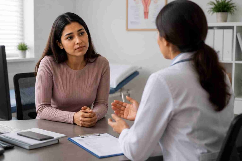 Gynecologist discussing pelvic pain symptoms with a woman during a medical consultation