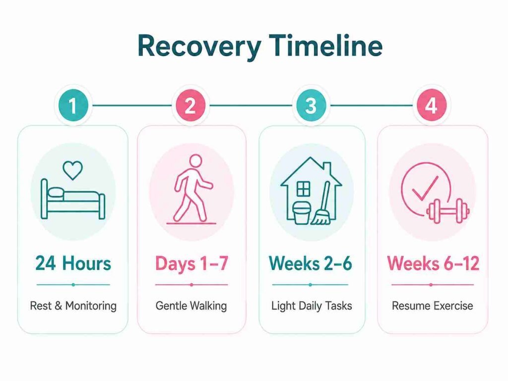 Medical infographic showing normal delivery recovery timeline from the first 24 hours to 12 weeks, including rest, gentle walking, daily activities, and exercise after childbirth.