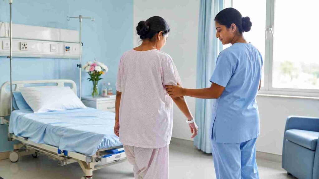 A nurse supporting a new Indian mother while walking in a hospital room after normal delivery as part of early postpartum recovery and post-delivery care.