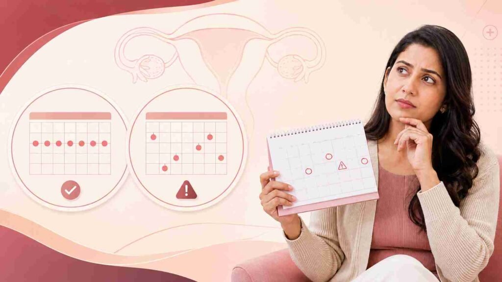 Woman reviewing her menstrual cycle dates with a calendar while understanding signs of abnormal periods and cycle irregularities