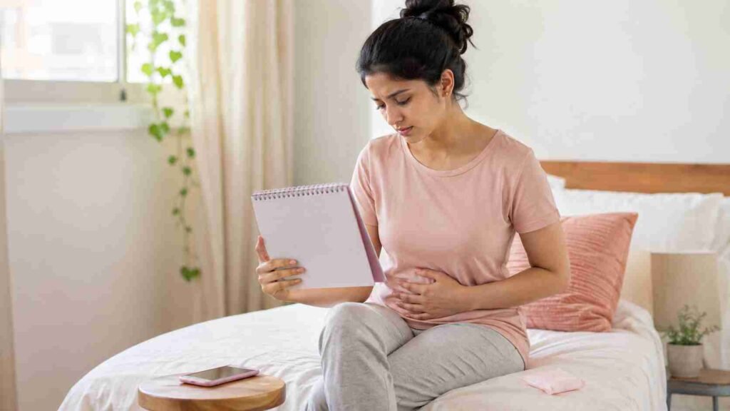 Woman experiencing menstrual discomfort while tracking her period dates on a calendar to understand irregular cycle changes