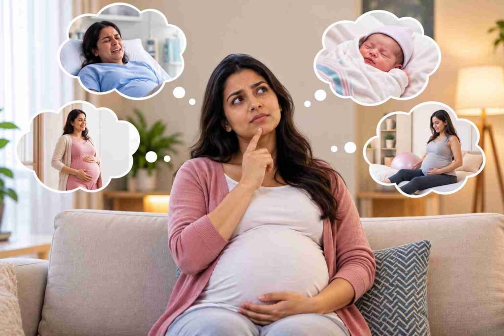 Pregnant woman considering normal delivery vs C-section, with thought bubbles showing labour pain, a newborn baby, and pregnancy experiences.