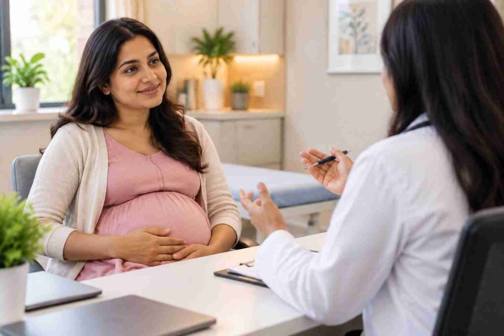 Pregnant woman consulting a gynaecologist about normal delivery vs C-section, discussing safe childbirth options and personalised pregnancy care.